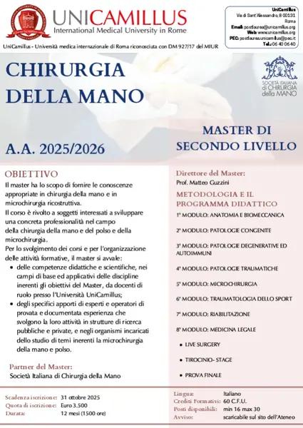 Master Universitario di II livello in Chirurgia della Mano